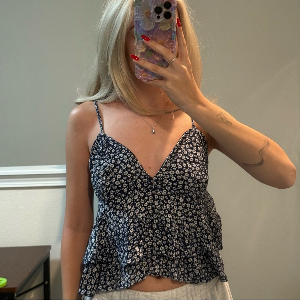 Floral Spaghetti Strap Top - Black and White